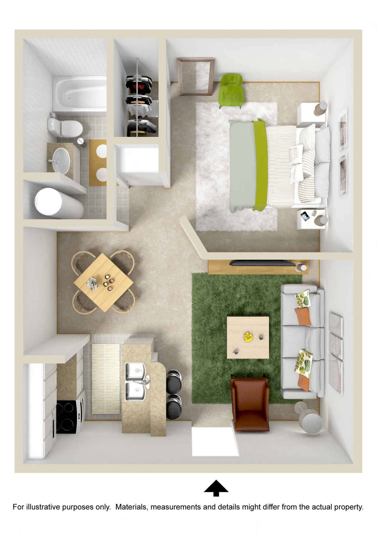 Floor plan for 1 bed, 1 bath, 650 sqft
